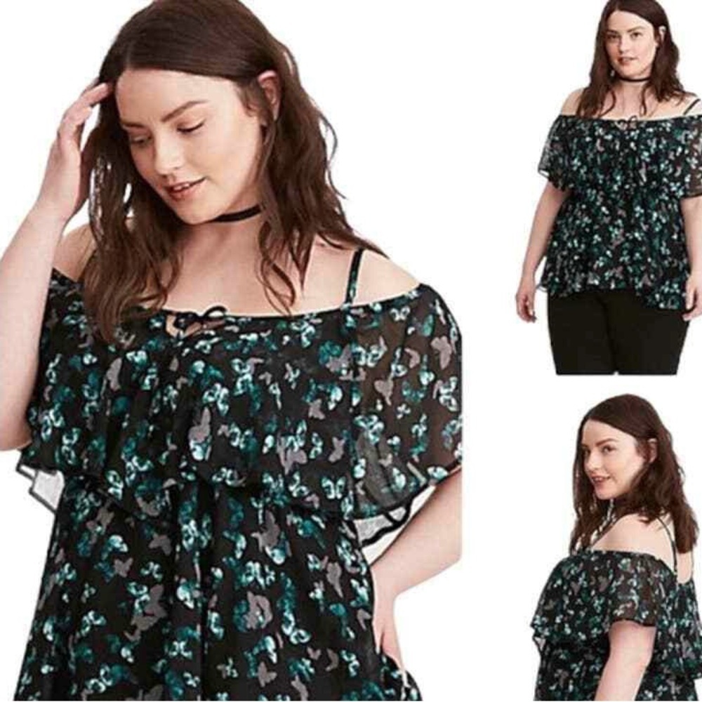 Torrid Butterfly Print Off Shoulder Flutter Ruffl… - image 1
